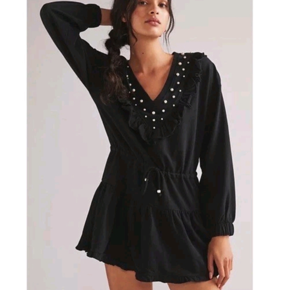 Sundays Gemma Dress Black V‑Neck Ruffle Dress‎ with Pearl Details Size Small